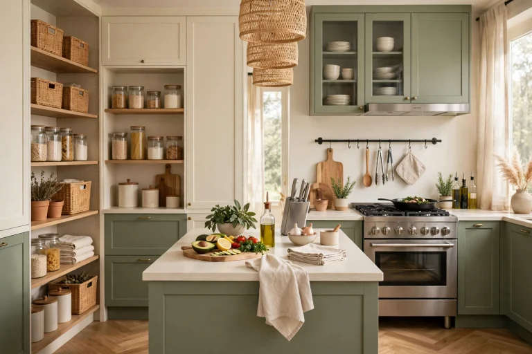 Organized kitchen arranged by zones, with a prep island, cooking area, and open shelves for storage