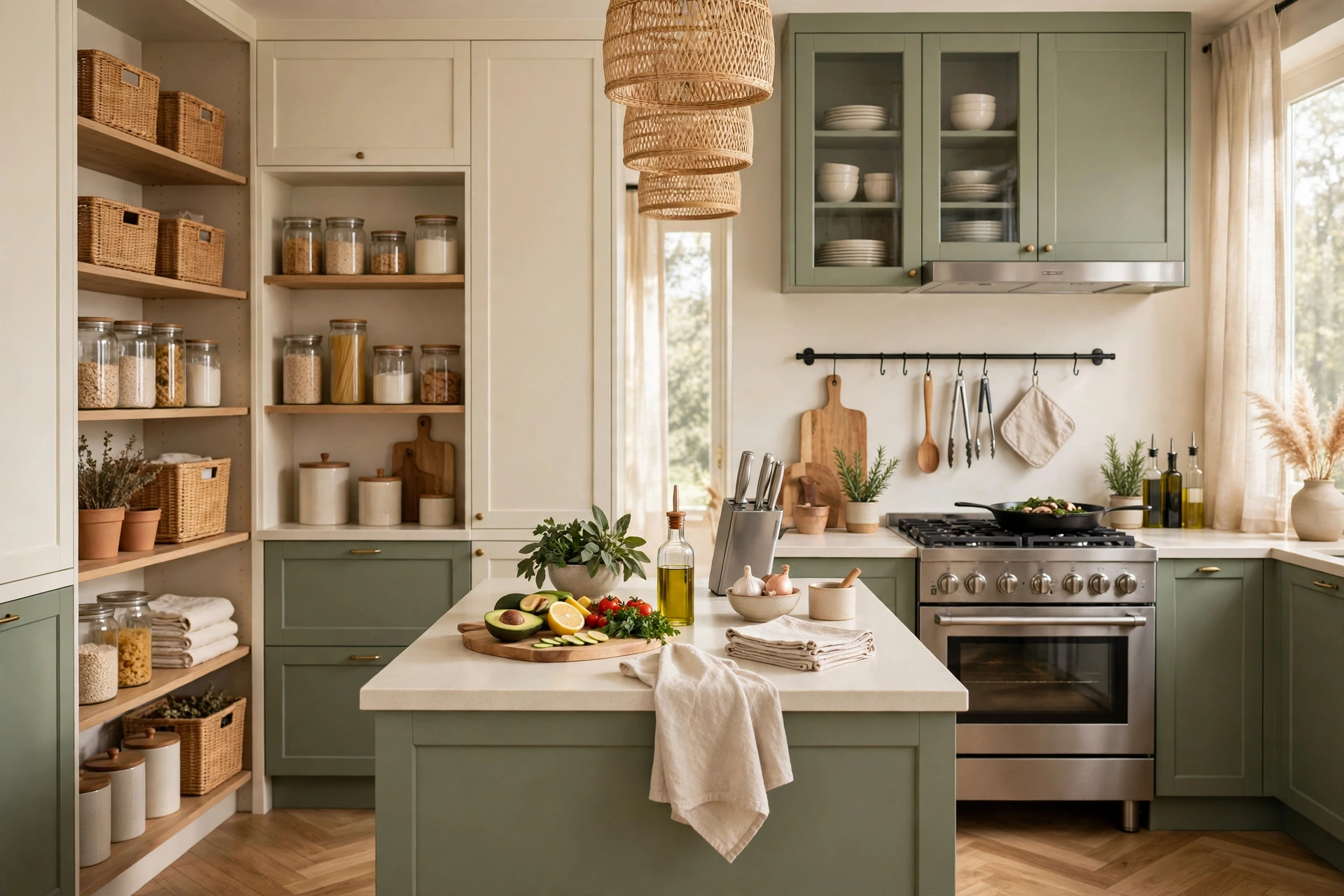 Organized kitchen arranged by zones, with a prep island, cooking area, and open shelves for storage