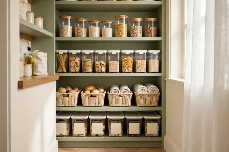 Small organized pantry with labeled clear containers and grouped food categories on neat shelves