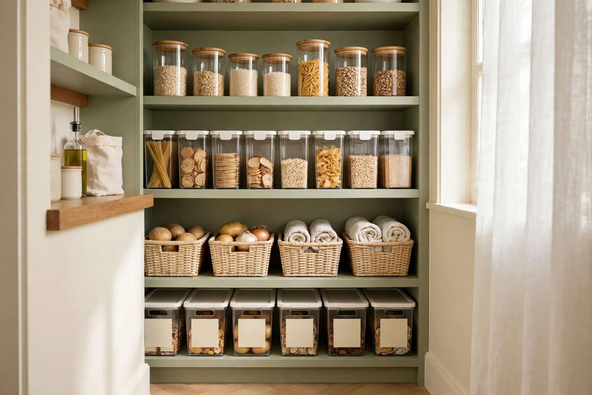 Small organized pantry with labeled clear containers and grouped food categories on neat shelves