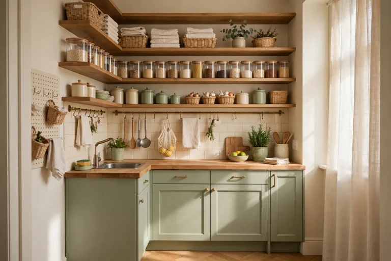 Compact small kitchen with neatly organized shelves, wall-mounted storage, and space-saving layout