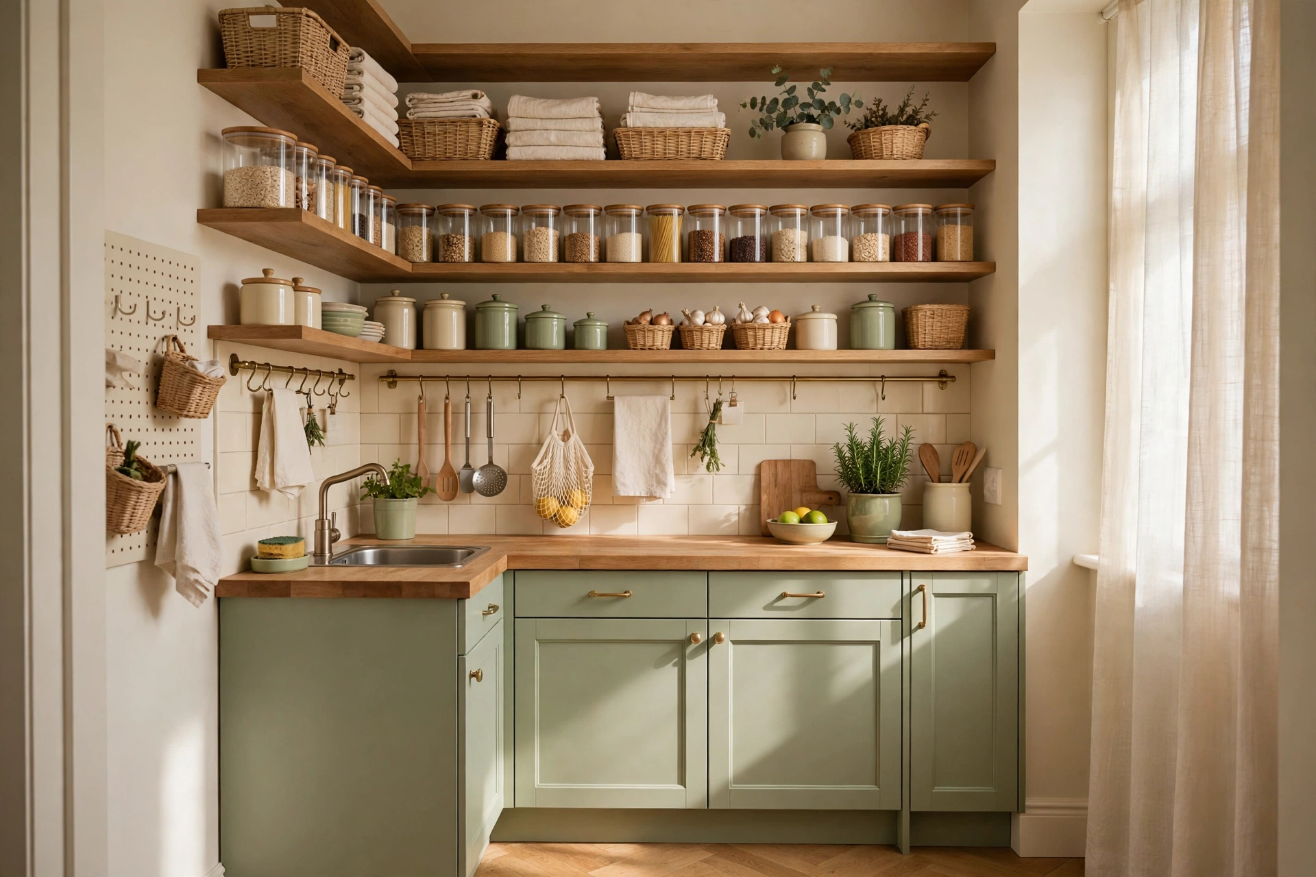 Compact small kitchen with neatly organized shelves, wall-mounted storage, and space-saving layout