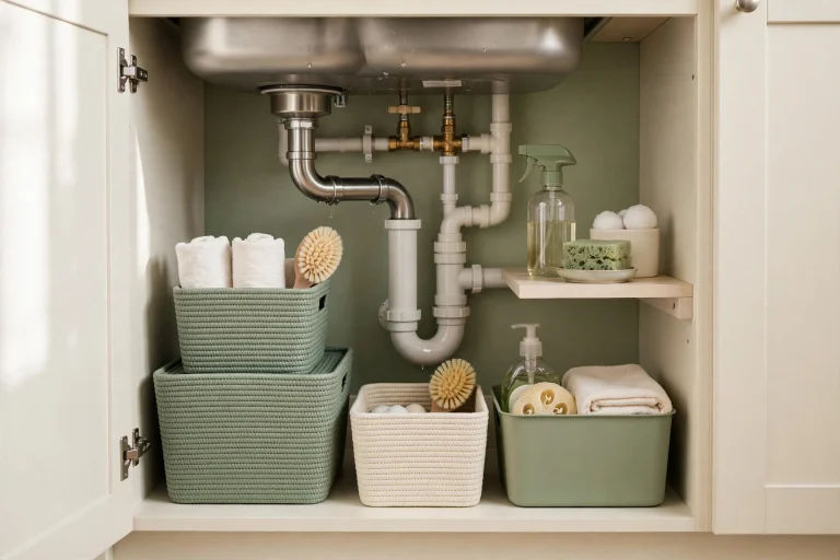 Organized under-sink cabinet with stackable bins, tension rod for spray bottles, and waterproof mat around pipes